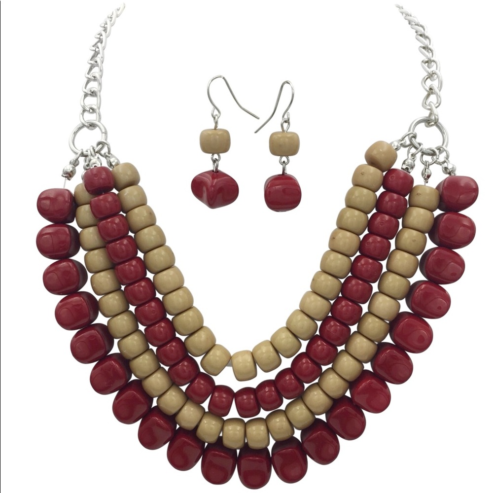Layered Maroon Red Tan Brown Necklace Earrings Set